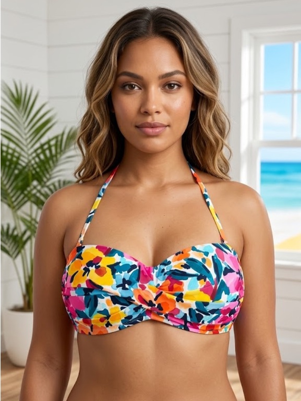 Anne Cole Floral Twist Front Bikini Top Size L NWT
